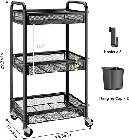 YASONIC 3 Tier Rolling Cart – Metal Utility Storage Carts