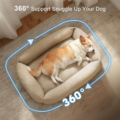 FURTIME Washable Dog Bed Medium Size Dogs, Rectangle Comfy Fluffy Small Dog Bed, Removable Zipper Cover Machine Wash, Orthopedic Bed Durable Pet Cuddler with Anti-Slip Bottom, 25x21x7 in, Beige
