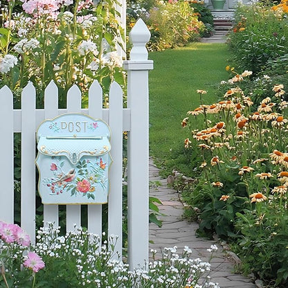 BIG FORTUNE Wall Mount Mailbox for House Outside Vintage Metal Door Mailbox Antique Style Nostalgic Charm Home Decor Garden Vintage English Cottage Decor Flower Patter(Blue)