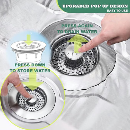 Kitchen Sink Drain Strainer 3 in 1, 304 Stainless Steel Pop Up Sink Stopper