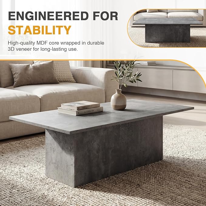 HNY Modern Rectangular Coffee Table Grey Large Center Table 47" Wooden Tea Table Concrete Texture Finish for Living Room, Reception Room, Home Office,Industrial Minimalist