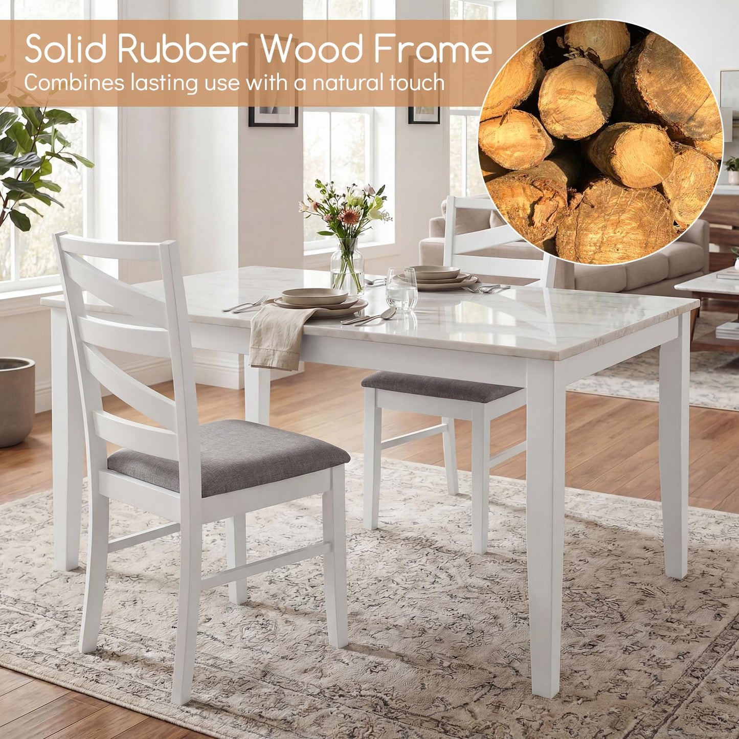 Giantex Dining Chairs Set of 4, Kitchen Chairs with Tall Backrests, Linen Fabric Upholstered Seats and Rubber Wood Frames, Farmhouse Style Side Chairs for Dining Room, Living Room, White + Grey