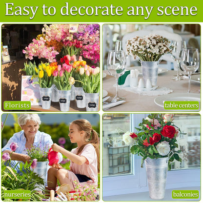 8Set Galvanized 10 Inch Metal Vases for Flowers, Rustic Flower Bucket Vases with Small Chalkboard Label, Metal Vase with Handle Flower Bar Supplies for Home Garden Wedding Cut Flowers Sparkler Holder