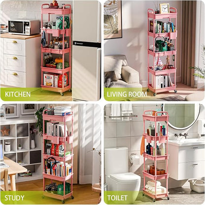 Sorgion 5 Tier Rolling Cart Organizer,Bathroom Cart Organizers with Wheels Laundry Room Organization Mobile Shelving Unit Utility Cart Storage Shelves Multi-Functional for Office, Home(Pink)