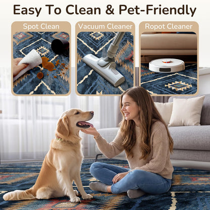 BESTSWEETIE Area Rug 5x7 Rug Machine Washable Non-Slip Low Pile Print Pattern Western Rug for Living Room Bedroom Entryway Tribal Series -Darkblue