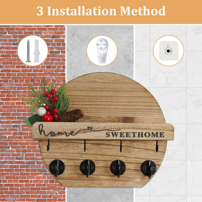 LEIRUOTM Key Holder for Wall, Key and Mail Holder Organizer - Key Holder Wall Mount with Bouquet Shelf and Key Hooks, Round Wooden Rustic Key Rack for Entryway and Home Decor (Wood)