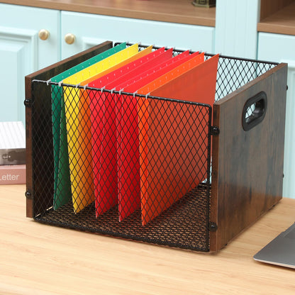Yalikop Rustic Brown Wood File Box Organizer, Hanging Folder Storage Boxes, Filing Crate Bin Holder with Handle for Home Office Desk, Letter Size