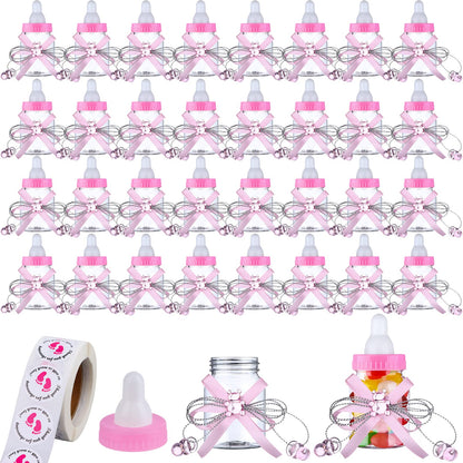 62 Pcs 3.5 Inch Baby Mini Milk Bottle Baby Shower Favor with 500 Adhesive Thank You for Showering Stickers, Small Plastic Bear Candy Bottle for Boy Girl Newborn Baptism Party Decor (Pink)