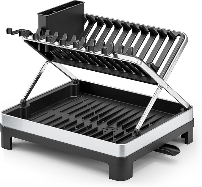 Dish Drying Rack, 2-Tier Stainless Steel Dish Rack with X-Frame and Drainage Spout, Large Collapsible Dish Drainer for Kitchen Counter, Dish Strainer with Utensil and Wine Glass Holder, Pure Black