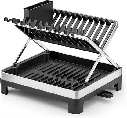 Dish Drying Rack, 2-Tier Stainless Steel Dish Rack with X-Frame and Drainage Spout, Large Collapsible Dish Drainer for Kitchen Counter, Dish Strainer with Utensil and Wine Glass Holder, Pure Black
