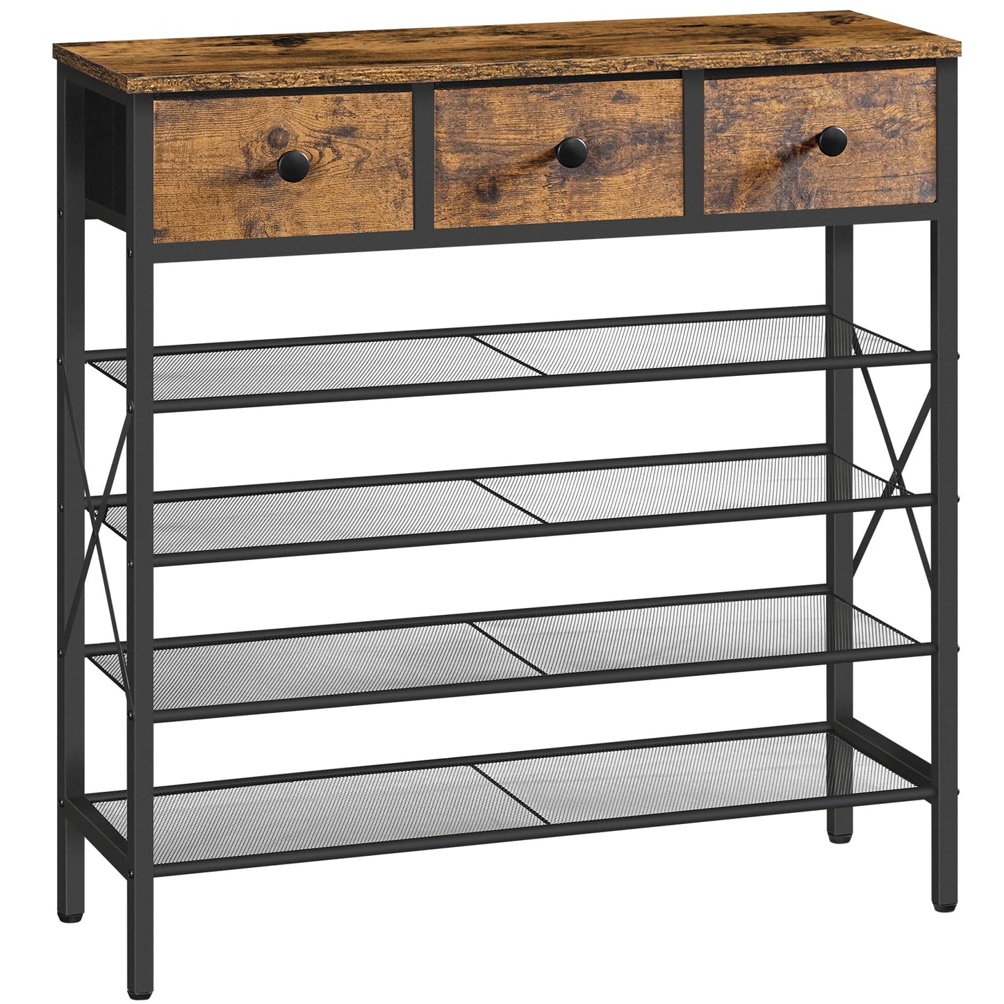 YATINEY 5-Tier Shoe Rack with 3 Drawers, Metal Shoe Organizer for 20 Pairs with Storage Shelves and Wooden Top, for Entryway, Hallway, Foyer, Closet, Rustic Brown and Black SS35BR