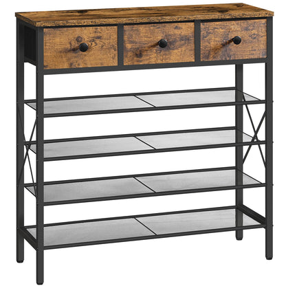 YATINEY 5-Tier Shoe Rack with 3 Drawers, Metal Shoe Organizer for 20 Pairs with Storage Shelves and Wooden Top, for Entryway, Hallway, Foyer, Closet, Rustic Brown and Black SS35BR