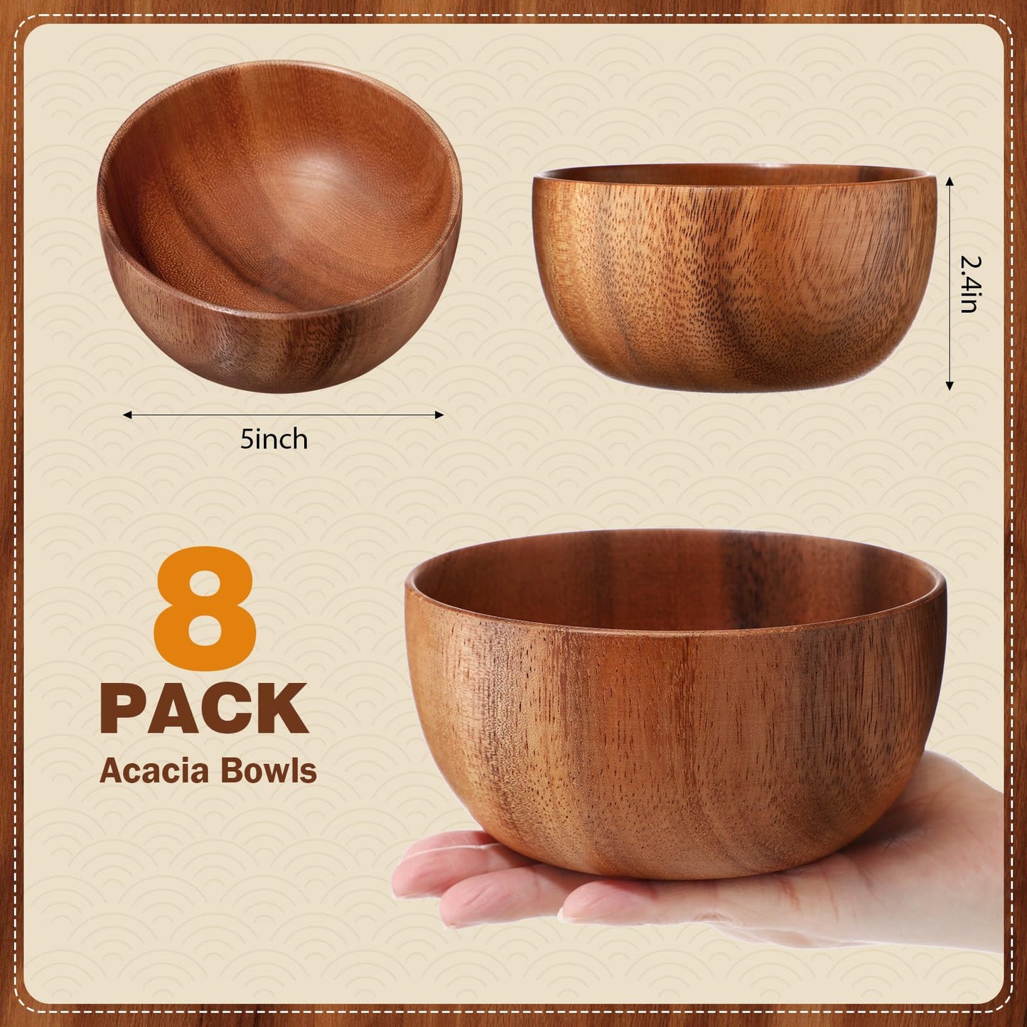 Skylety 5in 8pcs Acacia Wooden Bowls Small Calabash Bowls Round Wood Salad Hand Carved Calabash Dip Tray for Serving Popcorn Pasta Candy Cereal Coconut Nuts Sauce Appetizers Kitchen