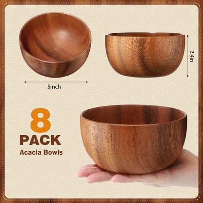 Skylety 5in 8pcs Acacia Wooden Bowls Small Calabash Bowls Round Wood Salad Hand Carved Calabash Dip Tray for Serving Popcorn Pasta Candy Cereal Coconut Nuts Sauce Appetizers Kitchen