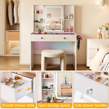 Cielozen Makeup Vanity Desk with LED Mirror & RGB Lights, Glass Top Vanity Table for Women, Adjustable Brightness & 3 Color Modes, 2 Drawers Storage, White Modern Bedroom Vanity Set