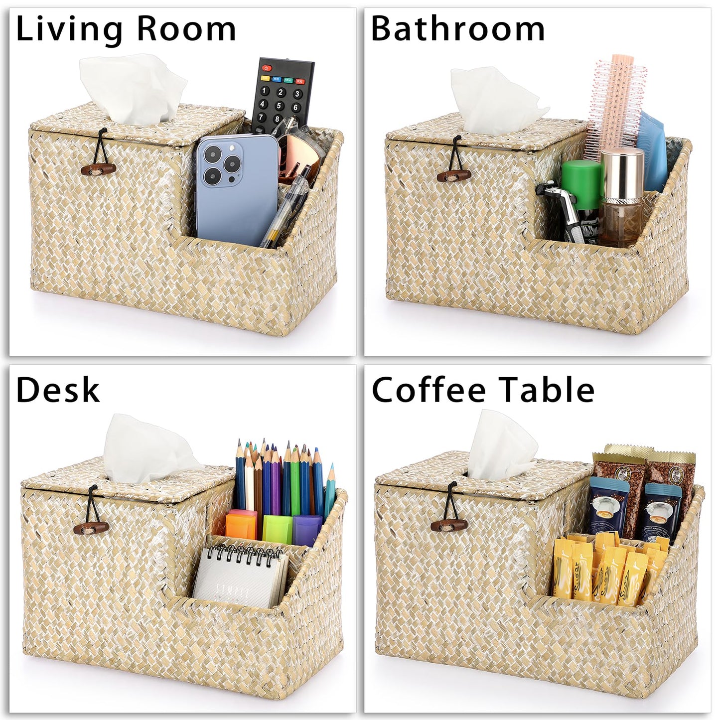 Sumnacon Tissue Box Cover-Square Woven Tissue Box Organizer for Desk Rustic Seagrass Tissue Box Holder with Side Organizer Decorative Cube Tissue Cover for Bathroom Home Office Table Counter Whitewash
