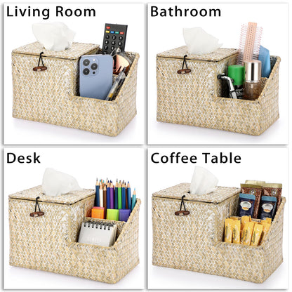 Sumnacon Tissue Box Cover-Square Woven Tissue Box Organizer for Desk Rustic Seagrass Tissue Box Holder with Side Organizer Decorative Cube Tissue Cover for Bathroom Home Office Table Counter Whitewash