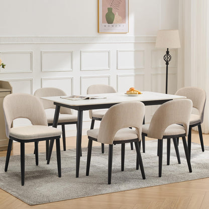 Wooden Dining Chairs Set of 6, Upholstered Kitchen Dining Room Chair, Modern Linen Fabric hollowed out Dinner Chair with Leveling Feet/hollowed out Backrest Support for Dining Room, Living,Beige