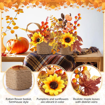 Suncalla 2 Pcs Thanksgiving Fall Table Decorations Centerpiece for Table Maple Leaf Fall Decor for Home Artificial Flower Pumpkin with Rattan Flower Basket for Indoor Thanksgiving Gifts(Vivid Style)