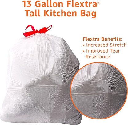 Amazon Basics 13 Gallon Tall Kitchen Drawstring Trash Bags, Flextra Strength