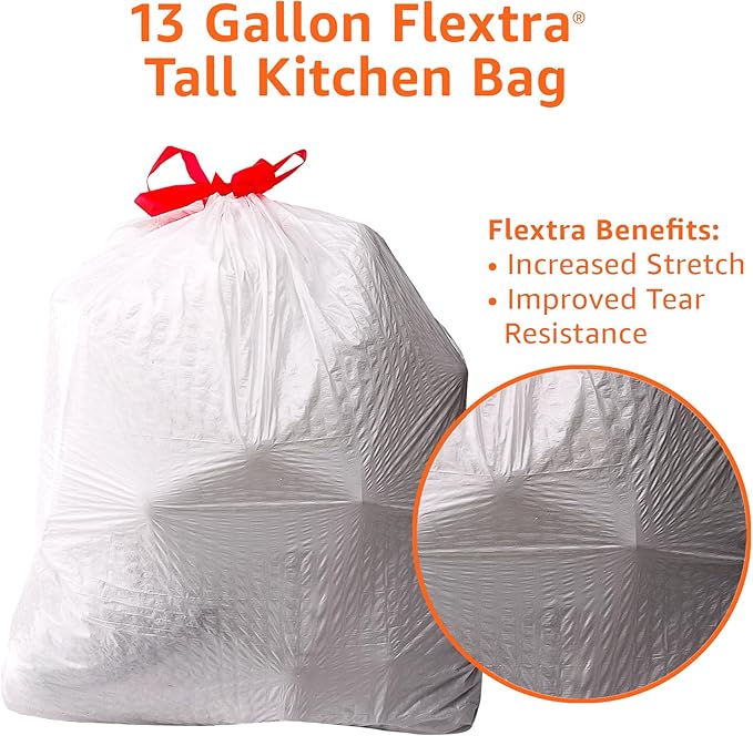 Amazon Basics 13 Gallon Tall Kitchen Drawstring Trash Bags, Flextra Strength