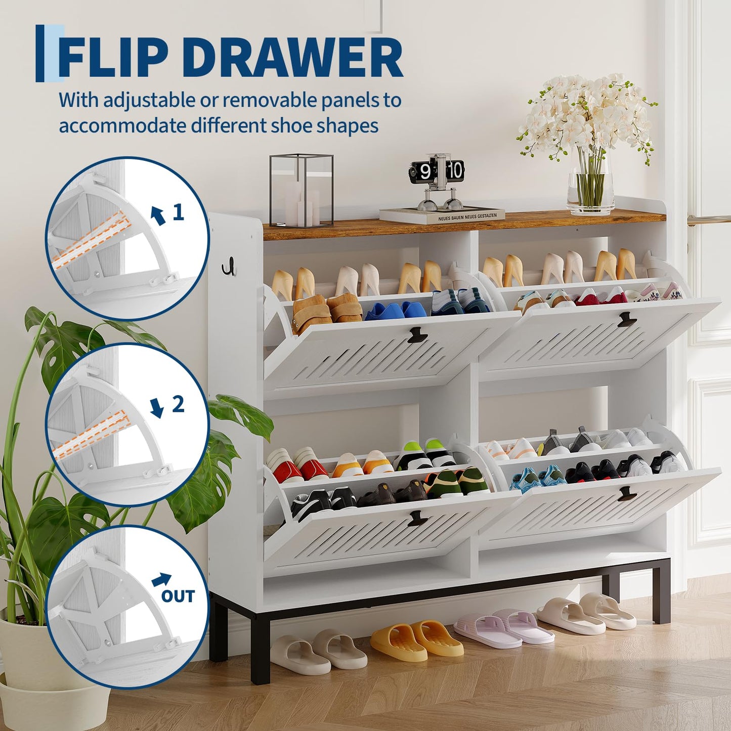 4-Door Flip Front Shoe Cabinet with Adjustable Shelves – Hidden Entryway Storage Organizer for Hallway, Foyer, Living Room – Freestanding Wooden Shoe Rack with Large Capacity & Modern Design, White