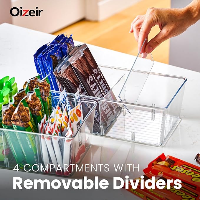 Oizeir Clear Pantry Organizer Bins 16-Pack - Fridge Organizer with 3 Removable Dividers, Ideal for Kitchen, Pantry, Refrigerator, Freezer, and Snack Storage