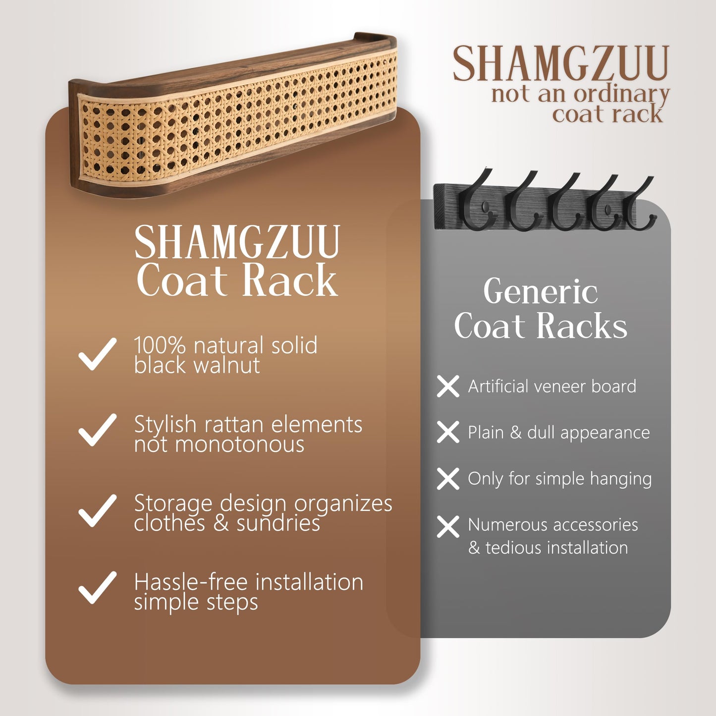 Shamgzuu Coat Rack wall Mount,Rattan Design with Shelf Hidden Hooks, Rustic Perchero De Pared, Entryway Hooks, Key Towel Dog Leashe Jacket Hanger Wall Mount, Walnut (9 Hook 32.28"*3.15"*3.94")