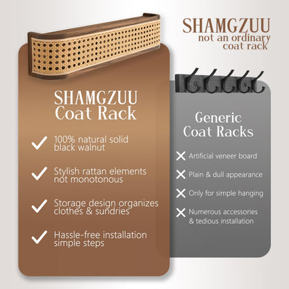 Shamgzuu Coat Rack wall Mount,Rattan Design with Shelf Hidden Hooks, Rustic Perchero De Pared, Entryway Hooks, Key Towel Dog Leashe Jacket Hanger Wall Mount, Walnut (9 Hook 32.28"*3.15"*3.94")