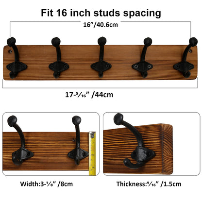WEBI Rustic Coat Rack Wall Mount,5 Cast Iron Coat Hooks Wall Mounted Coat Hanger Heavy Duty Antique Vintage Hooks for Hanging Jacket,Clothes,Brown