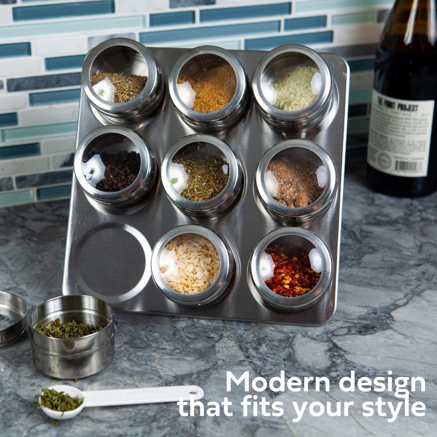 Uncluttered Designs Intergalactic Spice Rack Set With Magnetic Jars, Stand and Wall Mount (9 Tin)