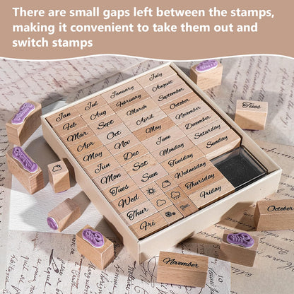 CraftyManor 44PCS Mini Wooden Stamp Set, Vintage Month Week Weather Rubber Stamps with Black Ink Pad for Crafting, Scrapbooking, Journaling, CardMaking