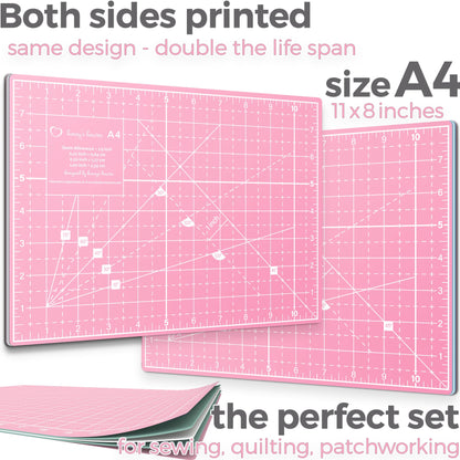 Rotary Cutter Set - Quilting Kit incl. 45mm Fabric Cutter, 5 Replacement Blades, A4 Cutting Mat, Acrylic Ruler and Craft Clips - Ideal for Crafting, Sewing, Patchworking, Crochet & Knitting (Pink, A4)