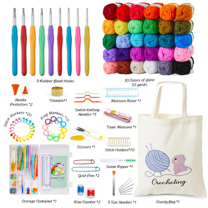 INSCRAFT Crochet Kit for Beginners Adults, 30 Acrylic Yarn Skeins 1650 Yards Yarn, 105 PCS Crochet Kit with Hooks Set,Includes Canvas Tote Bag, Ideal Starter Pack for Professionals