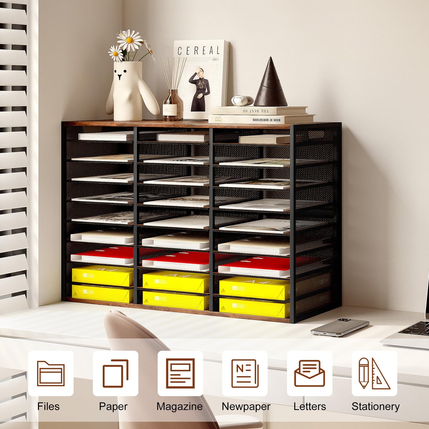 TQVAI 27 Compartments Desktop Literature Organizer, Metal Frame Paper Sorter with Handles, Heavy Duty Mailbox for Classroom and Office, Wood File Organizer for Document, Bill, Magazine, Antique Brown