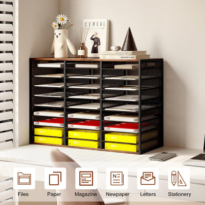 TQVAI 27 Compartments Desktop Literature Organizer, Metal Frame Paper Sorter with Handles, Heavy Duty Mailbox for Classroom and Office, Wood File Organizer for Document, Bill, Magazine, Antique Brown