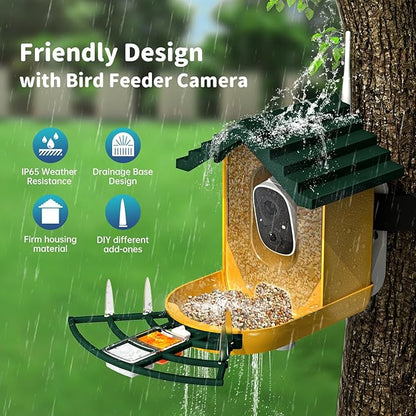 Smart Bird Feeder with Camera Solar Powered & AI Bi rd Identification, 2.4Ghz WiFi Bird feeders for Outdoors, 2K Live Video, Instant Arrival Alerts - Green-Yellow