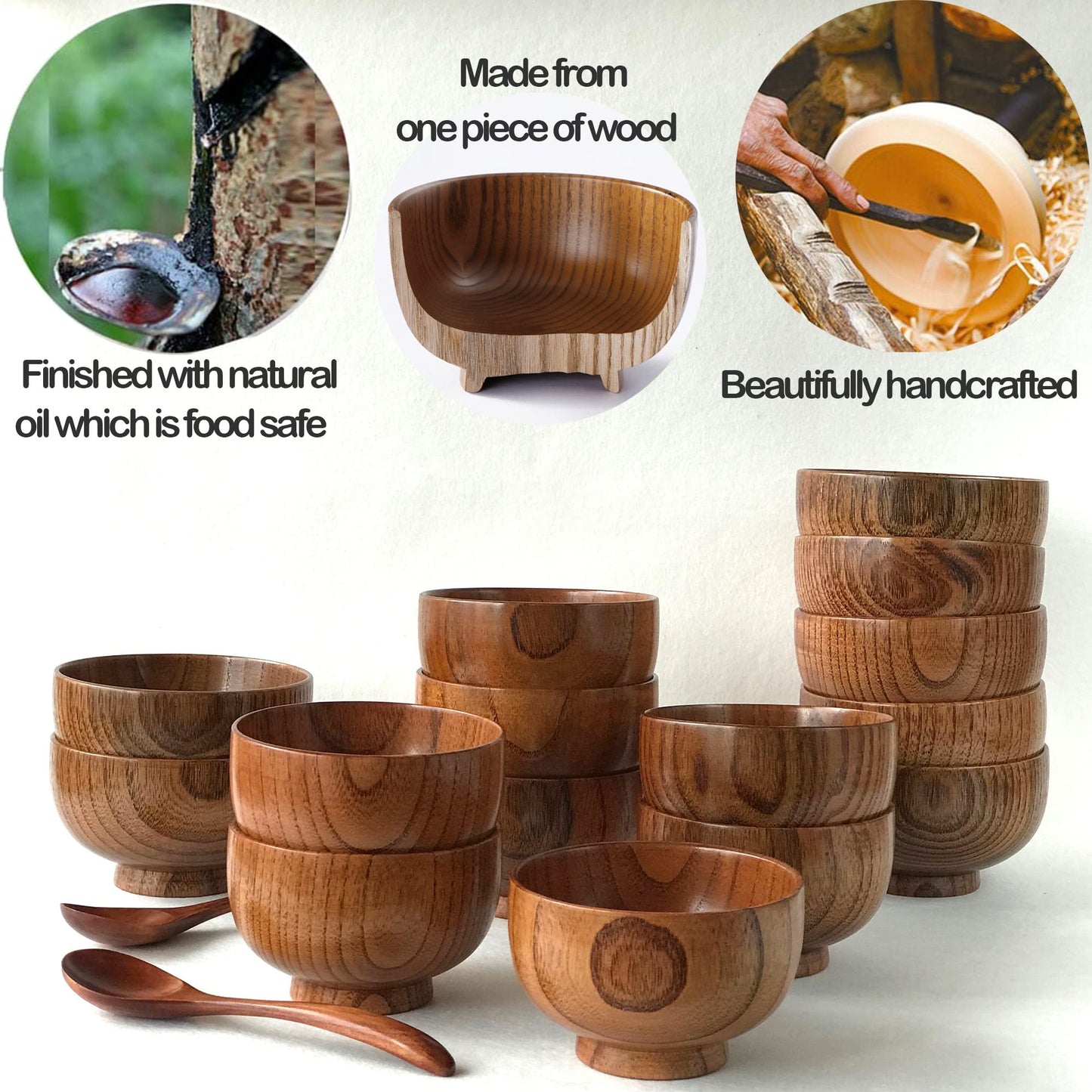 Kanhaom Small Wooden Bowls and Spoons, 10oz. Portion Control Bowls for Snack, Dessert, Japanese Serving Bowls for Rice, Soup, Solid Wood Bowls for Decor (4 Bowls - 4.1IN)