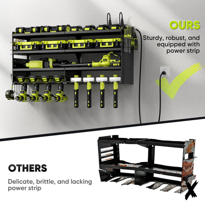 POKIPO Large Power Tool Organizer Wall Mount with Charging Station,4 Layer Heavy Duty Metal Tool Storage Rack Loads 600lbs with 8 Cordless Drill Holder,Battery Utility Rack Loads with 4 Power Strip
