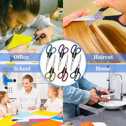 Scissors Set of 6-Pack, 8" Scissors All Purpose Comfort-Grip Handles, Sharp Scissor for Office Home School Craft Sewing Fabric Supplies, High/Middle School Student Teacher, Right/Left Hand