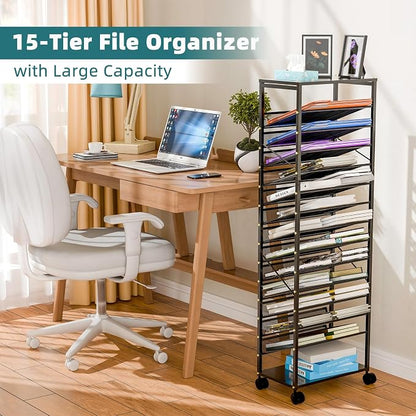 Ekisemio 15 Tier Rolling File Cart, Sturdy and Durable Desk File Organizer with Metal Mesh Letter Tray, Heavy-Duty Rolling Clutter Cart for Office, Home, School, Black
