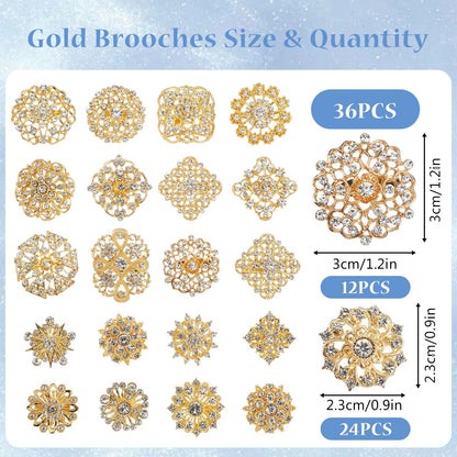 Gold Bouquet Pins Set, 36 PCS Rhinestone Flower Brooches & 100 PCS Crystal Stick Pins for Wedding Bouquet, Corsage, Boutonniere, DIY Craft Embellishments, Wedding Decor Supplies