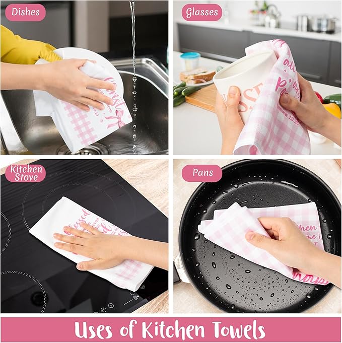 R HORSE Pink Bow Kitchen Dish Towels