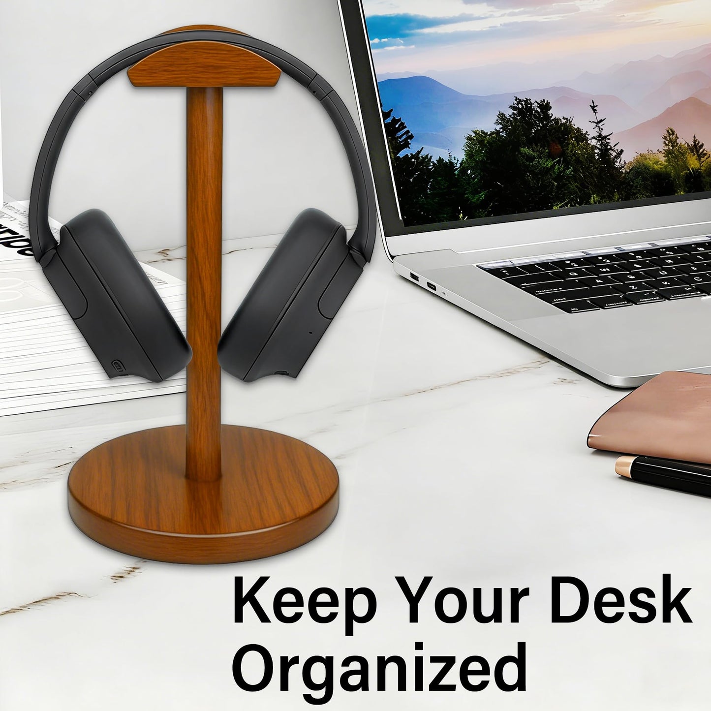 URANT Solid Walnut Wood Headphone Stand with Storage Base - Universal Wooden Headset Holder for Gaming & Office - Compatible with Bose,Sony,Sennheiser,Razer,Beats,PS5