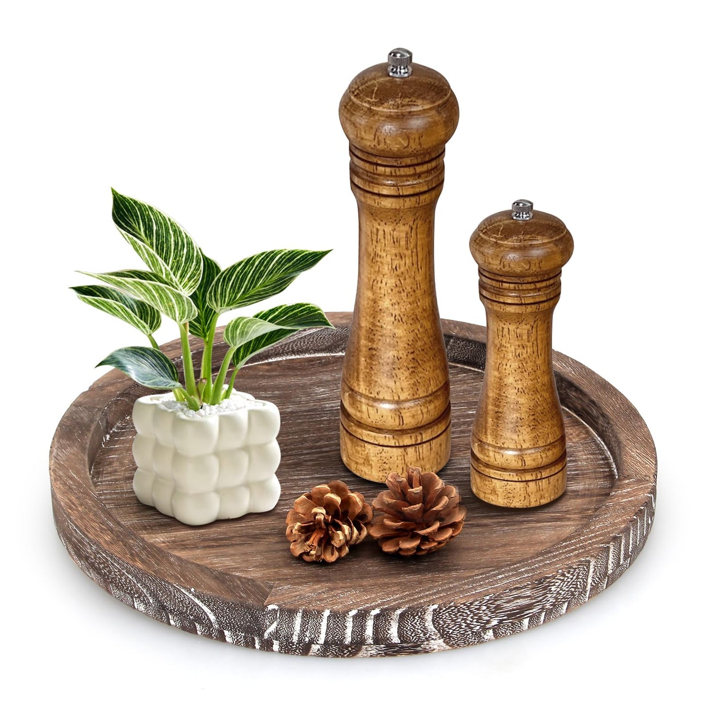 Round Decorative Wooden Serving Trays for Ottoman Coffee Table Tray Farmhouse Kitchen Home Decor Accents Circle Circular Wood Decorations Trays Rustic Dining Table Centerpiece Candle Holder Tray