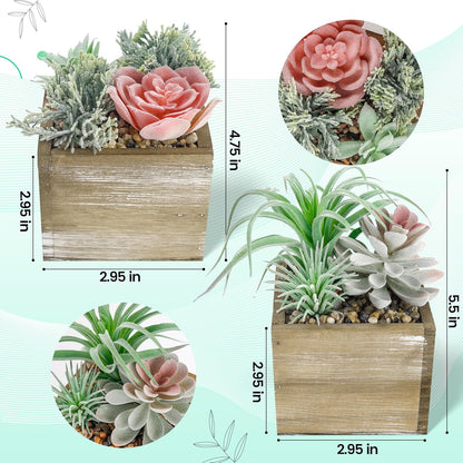 Der Rose 2 Pack Fake Plants Succulents Plants Artificial Cactus Plants in Wood Pots with Pink Flowers for Farmhouse Bathroom Decor