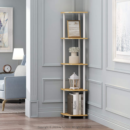 Furinno TURN-N-TUBE Corner Shelf, 5-Tier Corner Bookshelf, Open Storage Shelves, for Organization and Storage, Living Room, Home Office, Garage, Bedroom, Beech