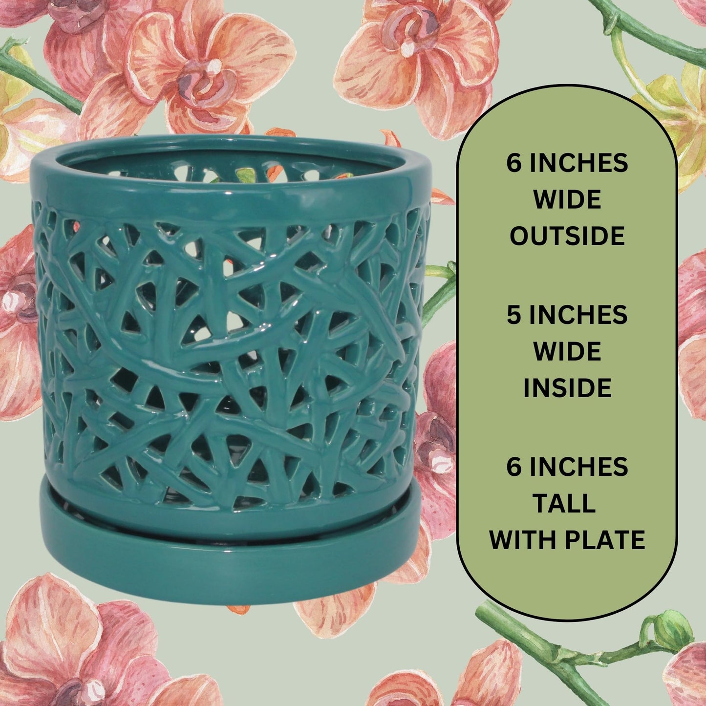 DESQUIGGLE Green Large Ceramic Orchid Pot with Holes, 6 Inches Wide, for Indoors or Outdoors with Woven String Cut Out Design, Orchid Planters, Orchid Gifts