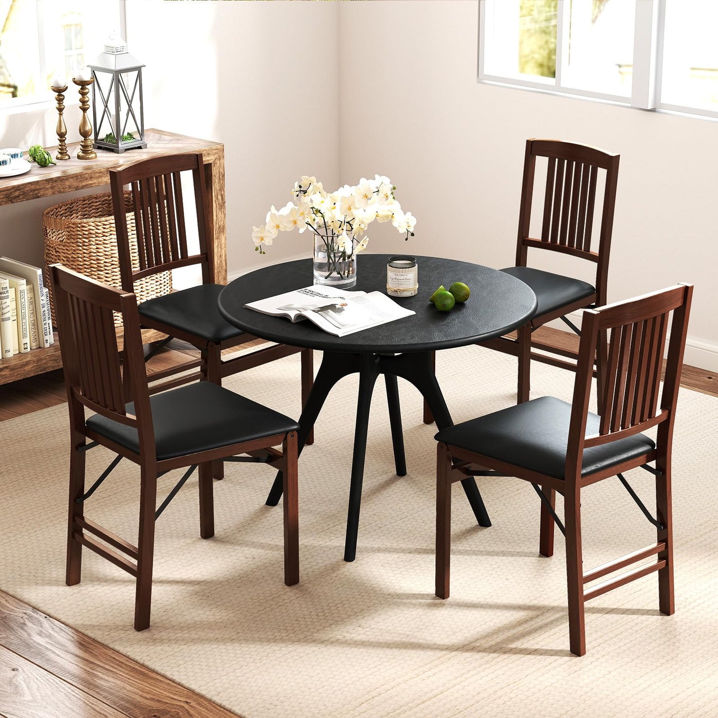 COSTWAY Folding Dining Chairs Set of 2, Wooden Kitchen Side Chairs w/Padded Seat, Solid Wood Frame, 400 LBS Load Bearing, No Assembly Needed, Vintage Foldable Chairs for Dining Room, Living Room