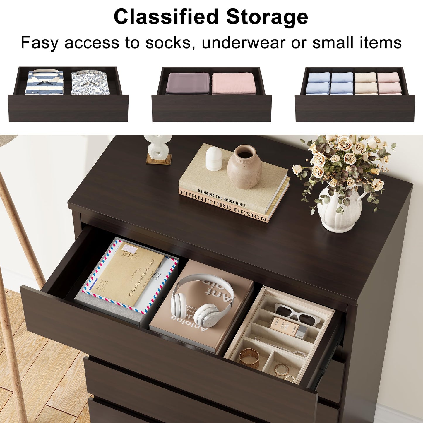 Jocoevol Modern Brown 5 Drawer Dresser for Bedroom, Simply Chest of Drawers, Wood Storage Dresser with Deep Drawers for Living Room Hallway Entryway, Brown